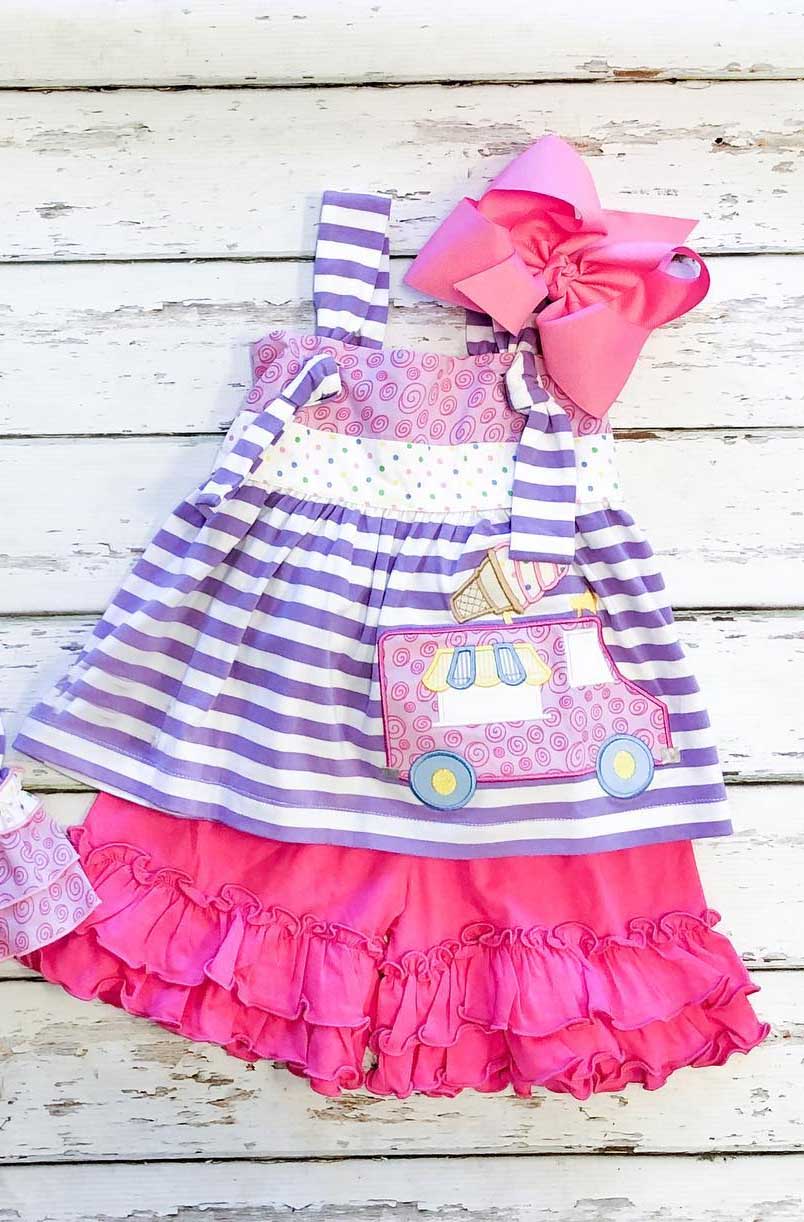 Preorder Baby Girl Sleeveless Stripes Popstick Truck Tops Pink Shorts Clothes Set