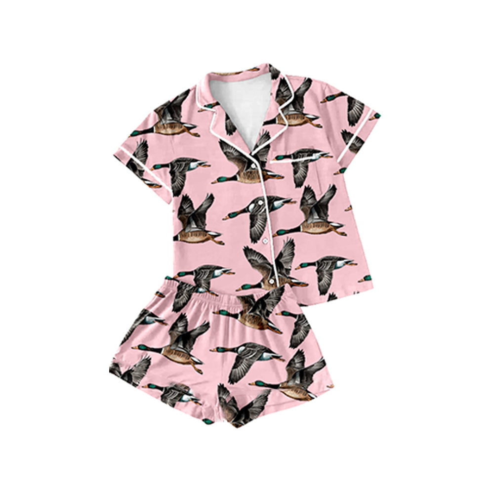 Preorder Baby Girl Short Sleeves Ducks Buttons Shirt Shorts Hunting Pajamas Pink Set