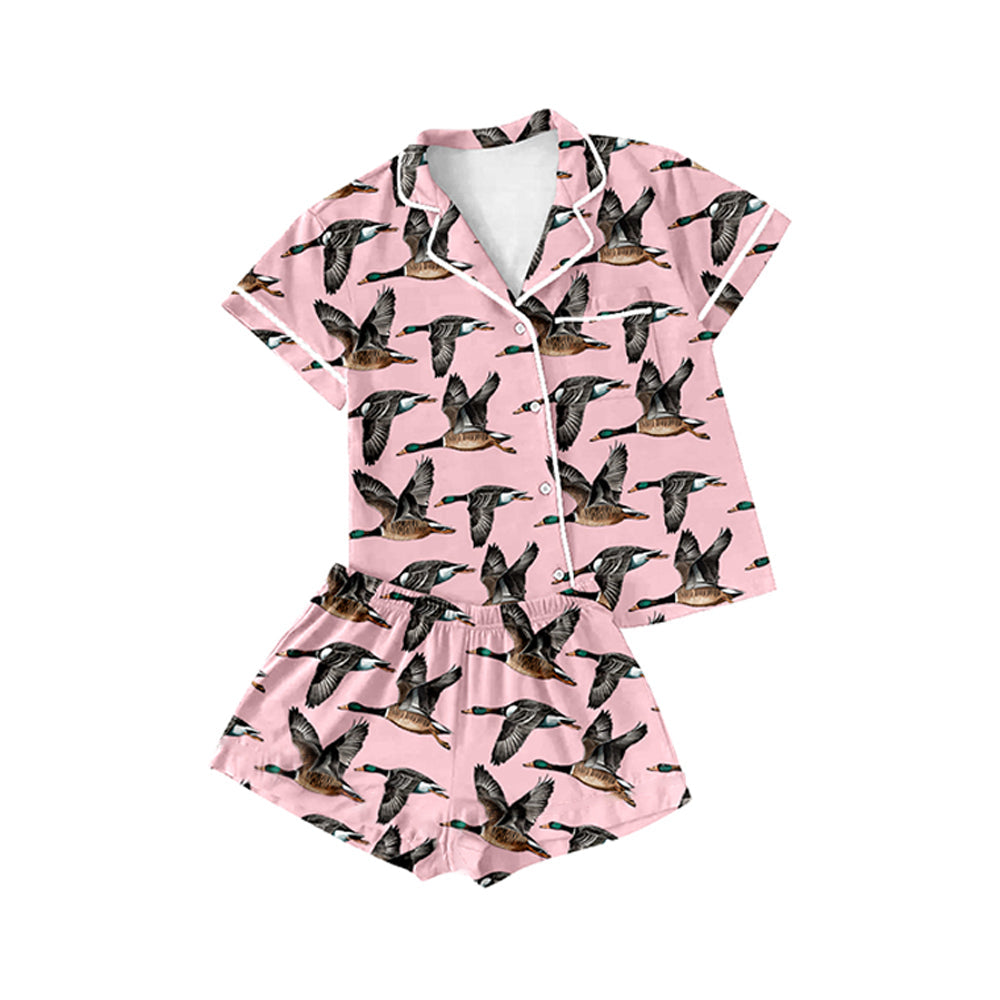 Preorder Adult Women Short Sleeves Ducks Buttons Shirt Shorts Hunting Pajamas Pink Set