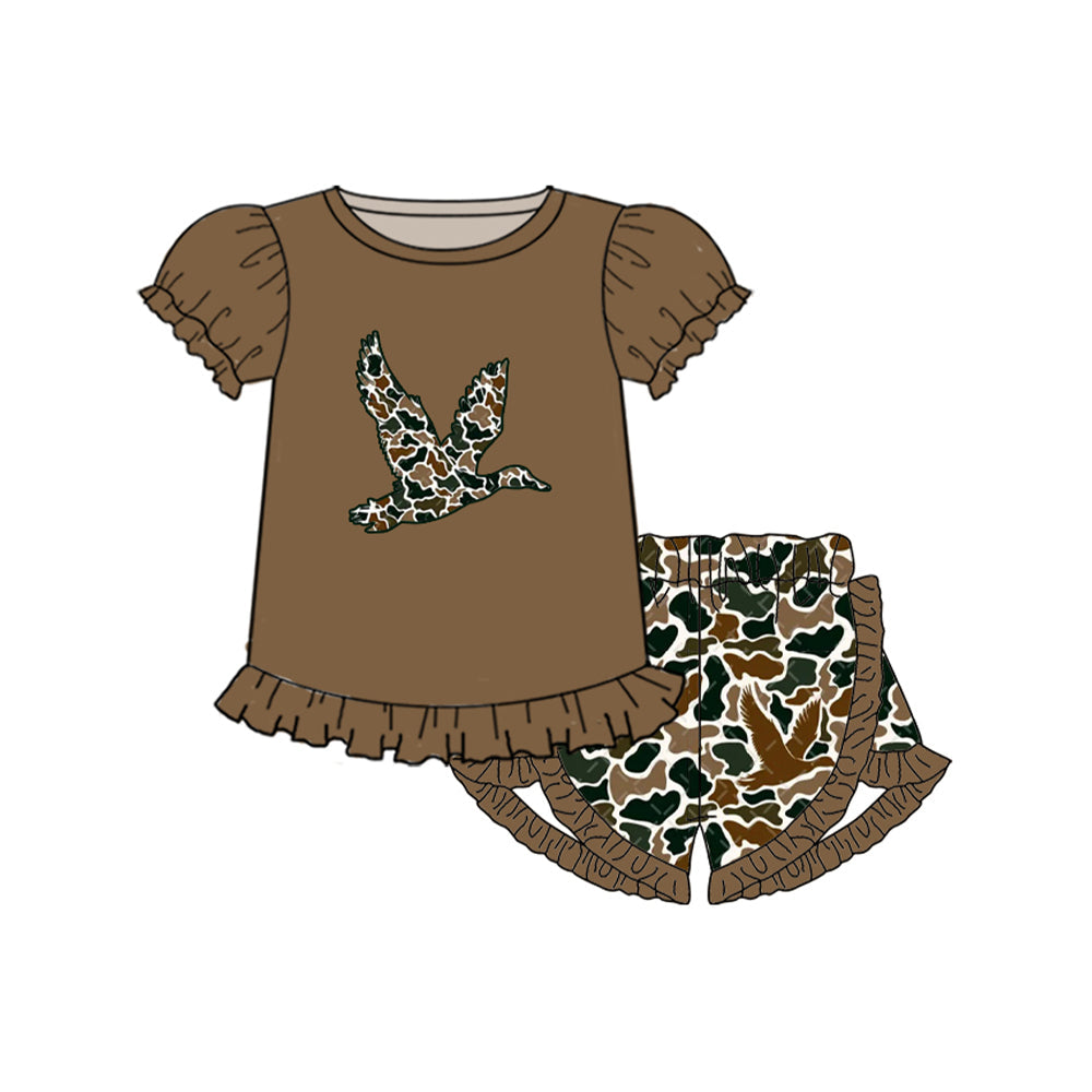 Preorder Baby Girl Short Sleeves Brown Duck Shirt Camo Shorts Clothes Set