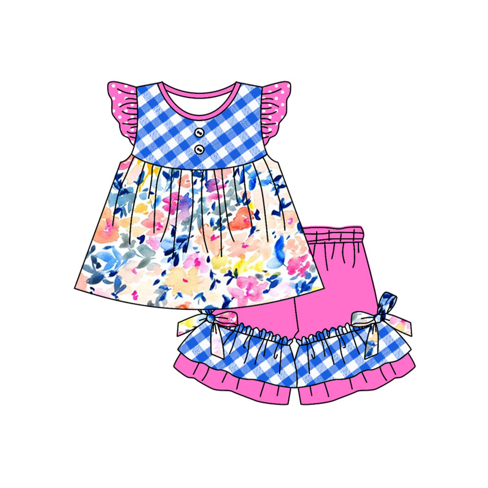 Preorder Baby Girl Short Sleeves Flower Tunic Ruffle Shorts Clothes Set