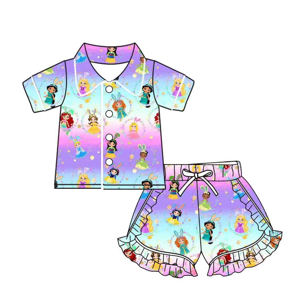 Preorder Baby Girl Short Sleeves Easter Princess Rabbit Buttons Shirt Shorts Pajamas Clothes Set