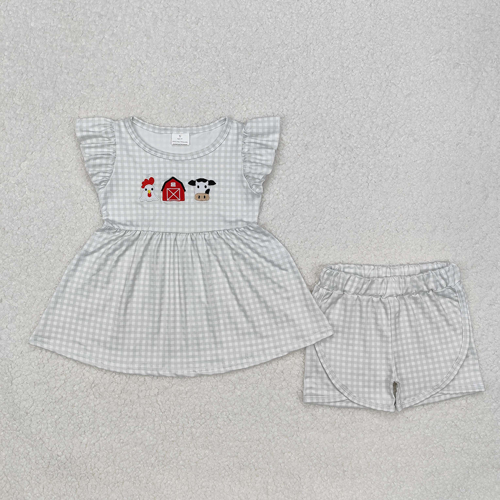 Baby Boy Girl Embroidery Farm Chicken Cow Sibling Romper Clothes Set