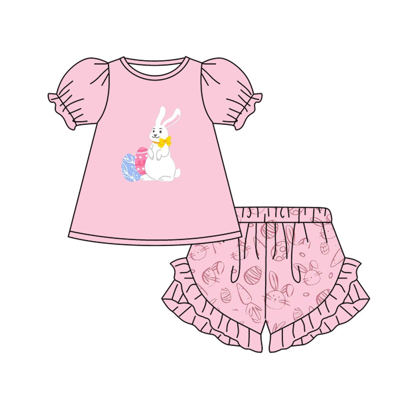Preorder Baby Girl Short Sleeves Easter Rabbit Eggs Tunic Ruffle Shorts Clothes Pink Set
