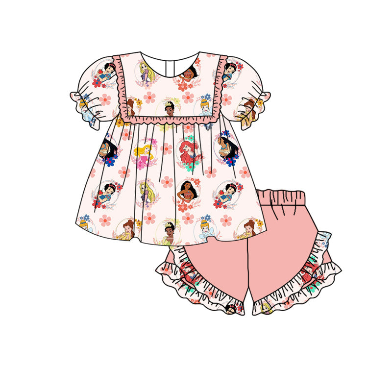 Preorder Baby Girl Short Sleeves Princess Flower Tunic Ruffle Shorts Clothes Set