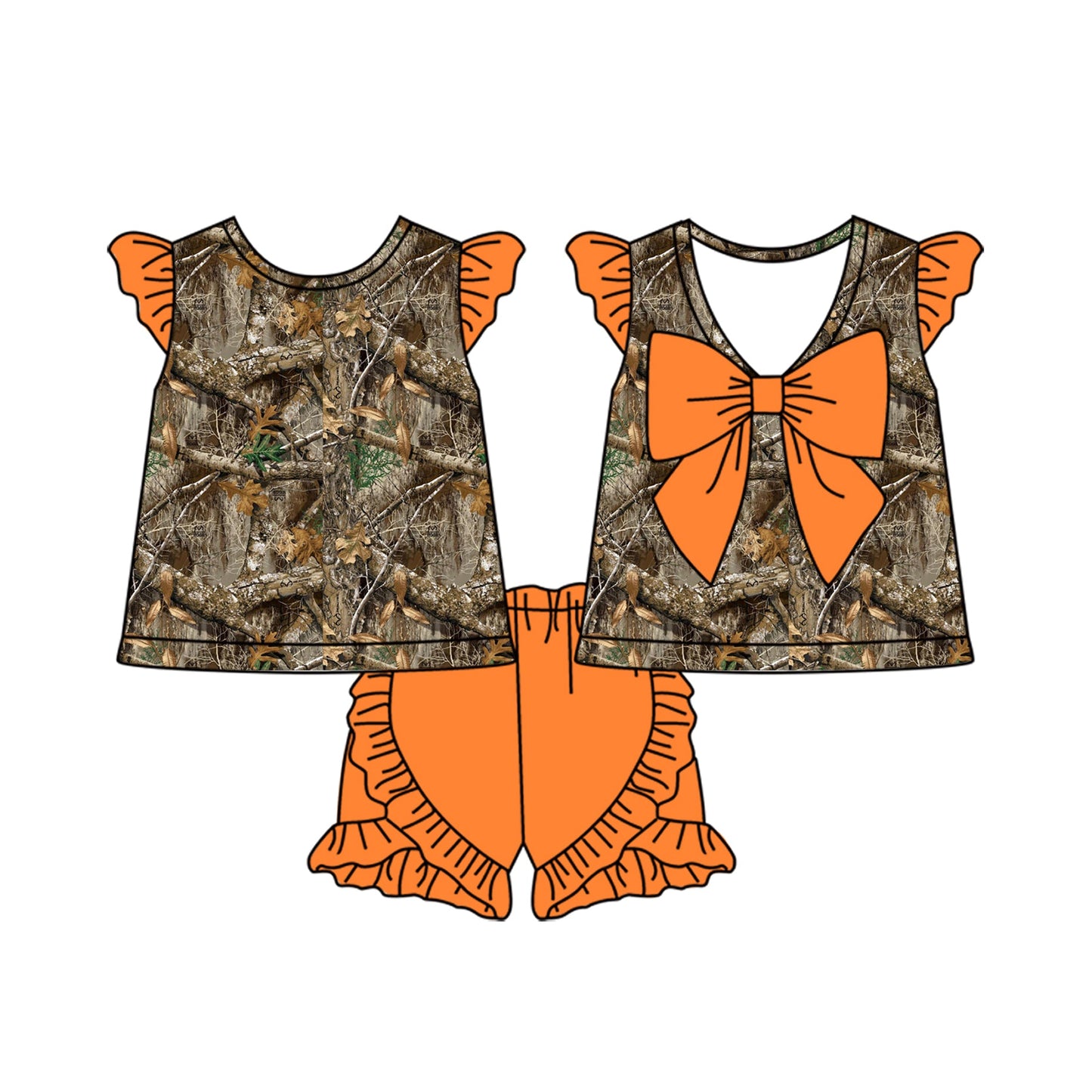 Preorder Baby Girl Short Sleeves Bows Camo Hunting Tops Orange Shorts Set