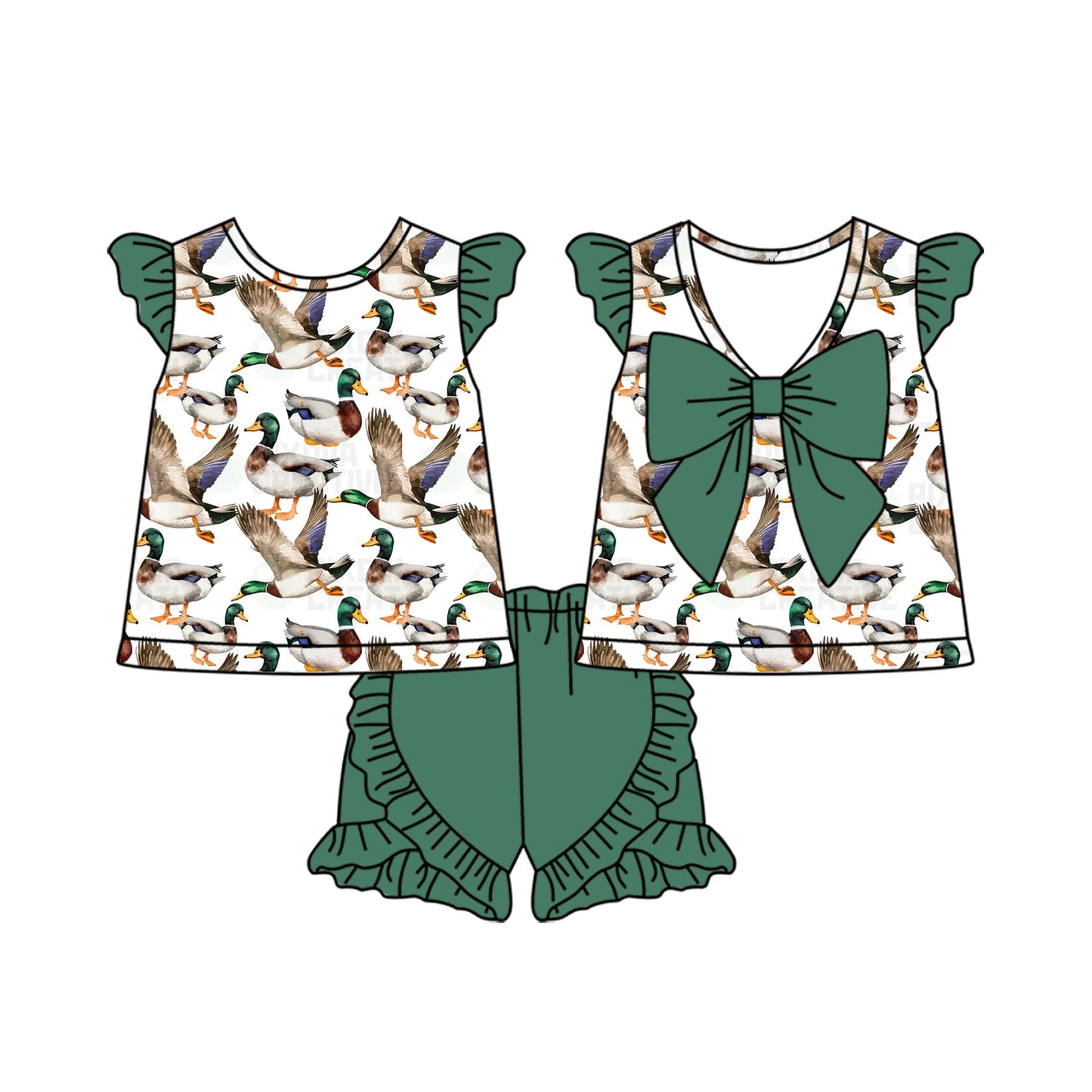 Preorder Baby Girl Short Sleeves Ducks Hunting Bow Tunic Green Ruffle Shorts Clothes Set