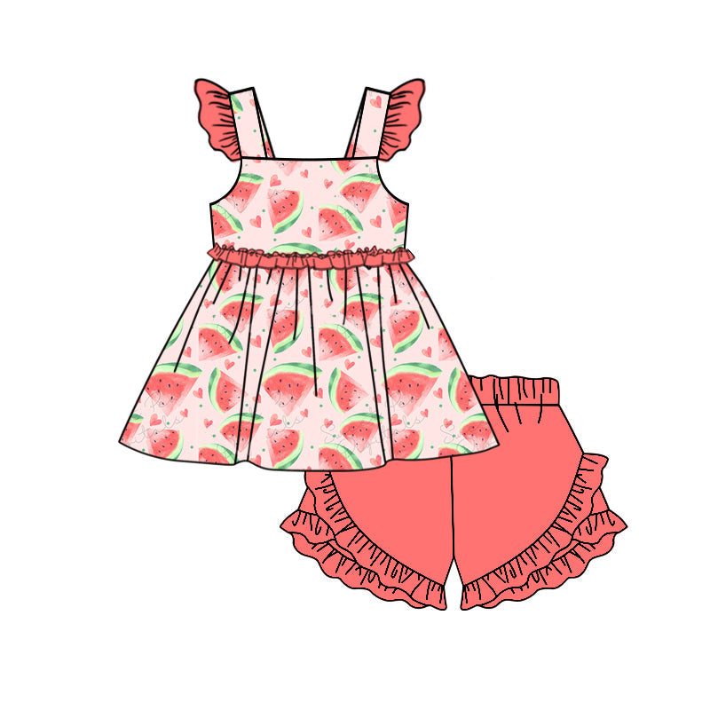Preorder Baby Girl Short Sleeves Watermelon Hearts Tunic Ruffle Shorts Clothes Set