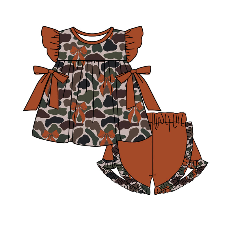Preorder Baby Girl Short Sleeves Camo Bows Tunic Summer Brown Shorts Clothes Set