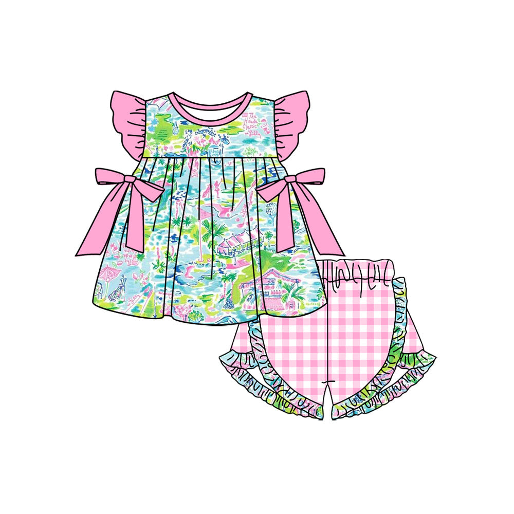 Preorder Baby Girl Short Sleeves Flower Bows Tunic Summer Pink Plaid Shorts Clothes Set
