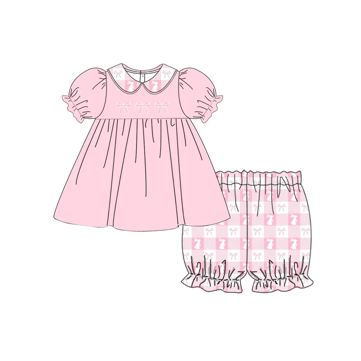 Preorder Baby Girl Short Sleeves Easter Rabbit Tunic Plaid Shorts Clothes Pink Set