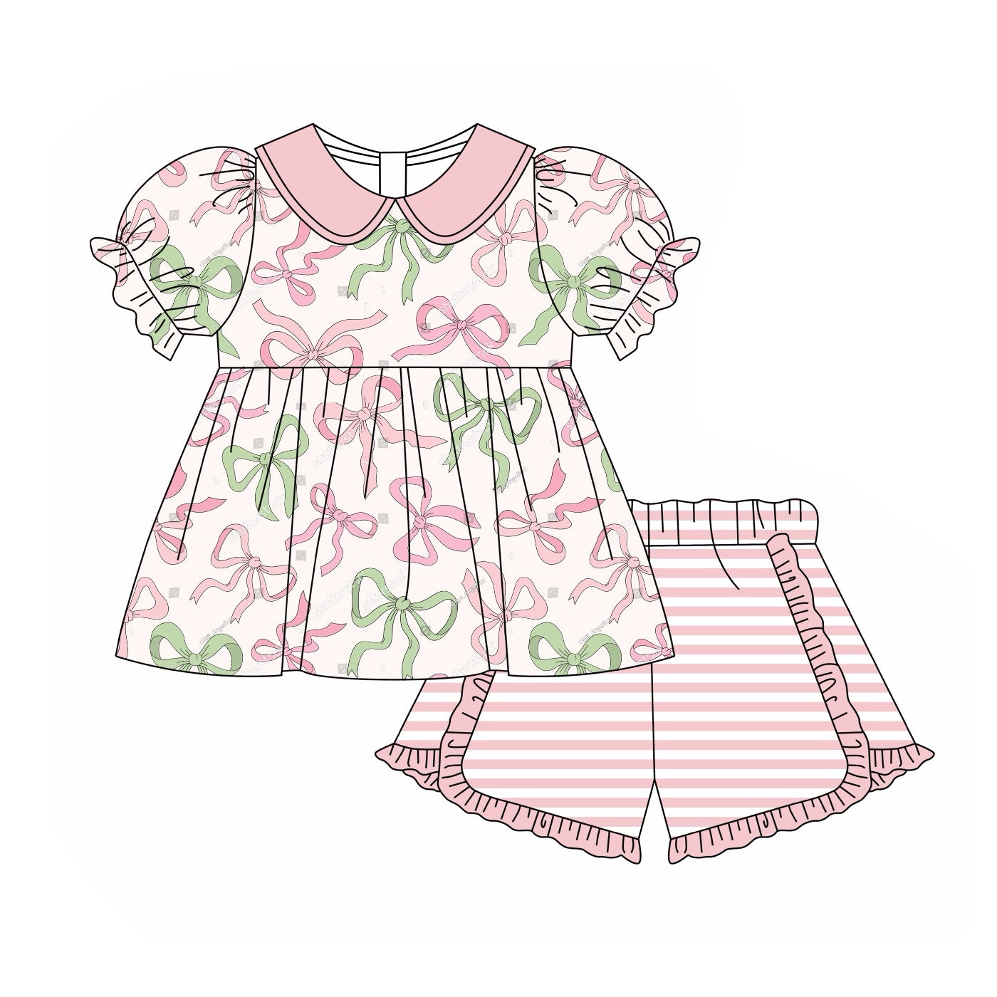 Preorder Baby Girl Short Sleeves Bows Tunic Ruffle Stripes Shorts Clothes Set
