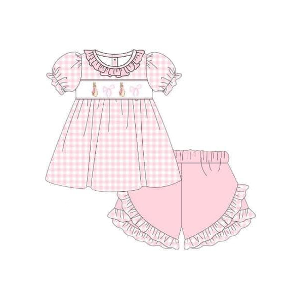 Preorder Baby Girl Short Sleeves Easter Rabbit Bows Tunic Ruffle Pink Shorts Clothes Set