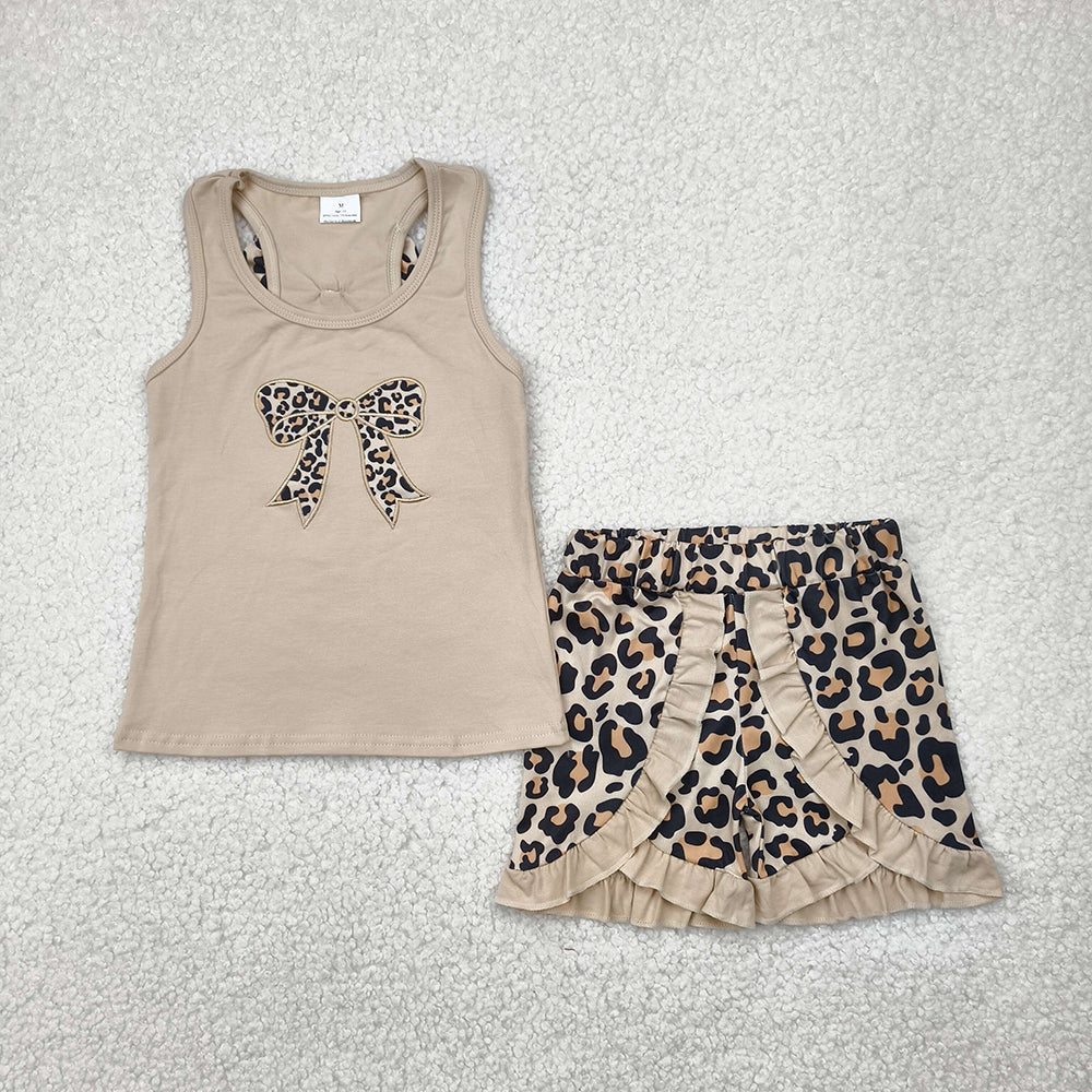 Baby Girl Sleeveless Embroidery Bows Vest Flower Leopard Shorts Sibling Clothes Set RTS