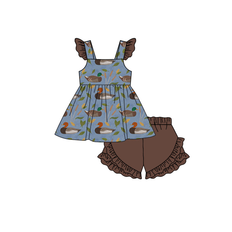 Preorder Baby Girl Ducks Tunic Ruffle Brown Shorts Clothes Set