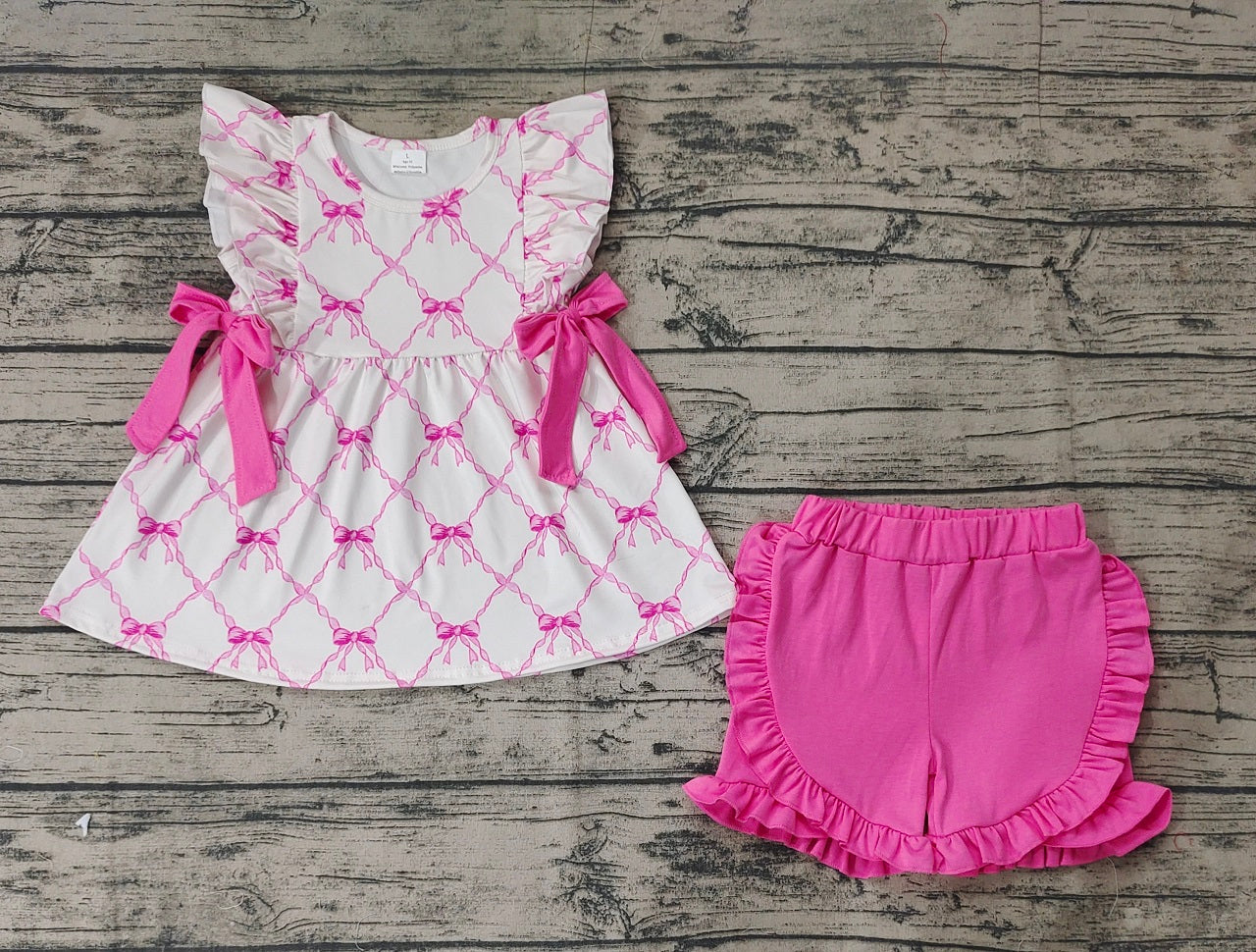Baby Girl Pink Short Sleeves Bows Tunic Ruffle Shorts Clothes Set