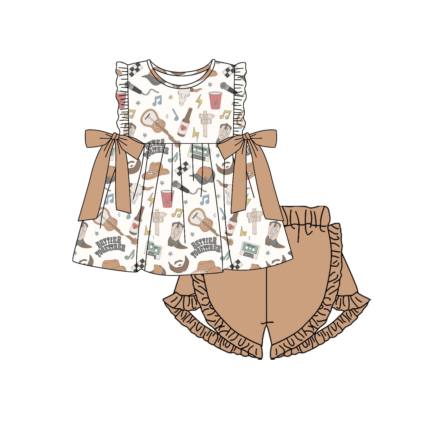 Preorder Baby Girl Western Music Boots Cow Shirt Ruffle Shorts Set
