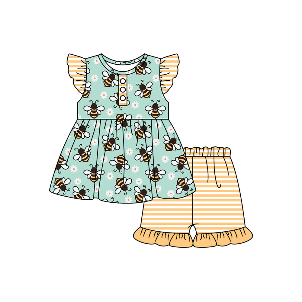 Preorder Baby Girl Short Sleeves Honey Bee Tunic Ruffle Shorts Clothes Set