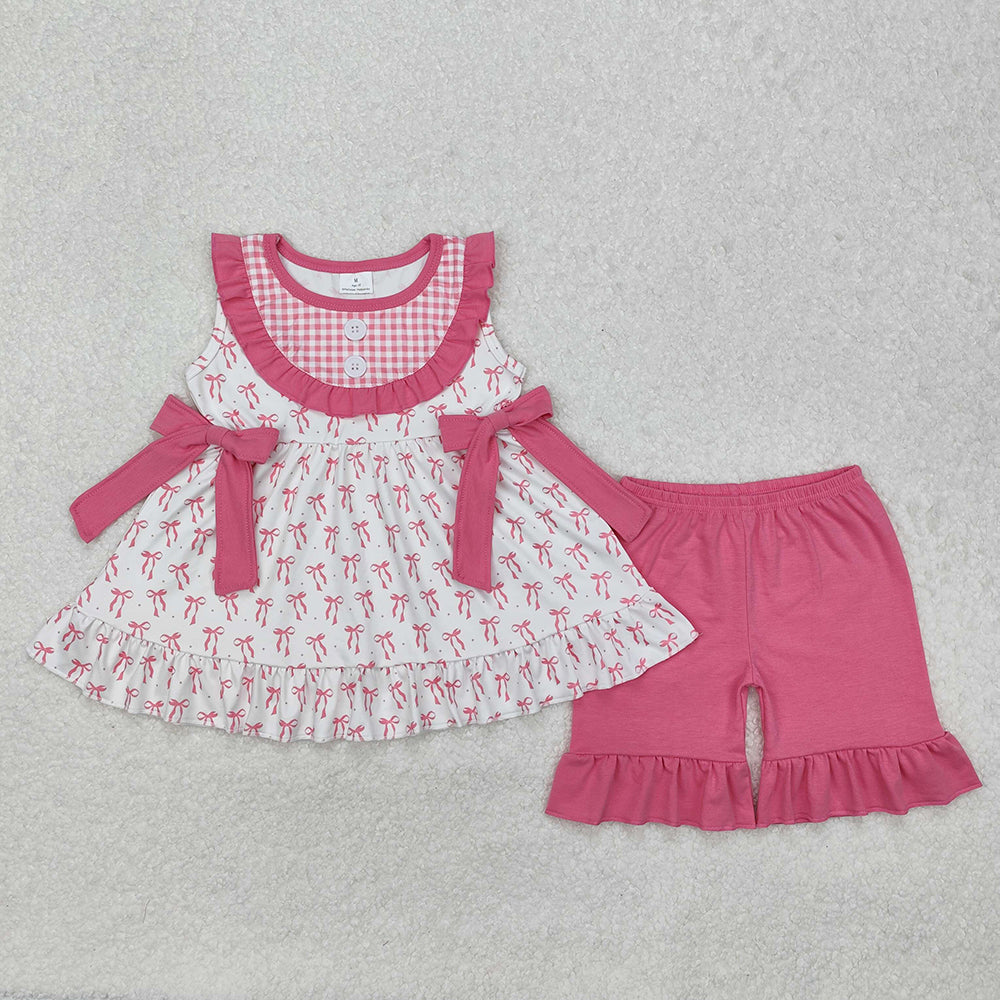 Baby Girl Sleeveless Pink Bows Sibling Romper Clothes Set