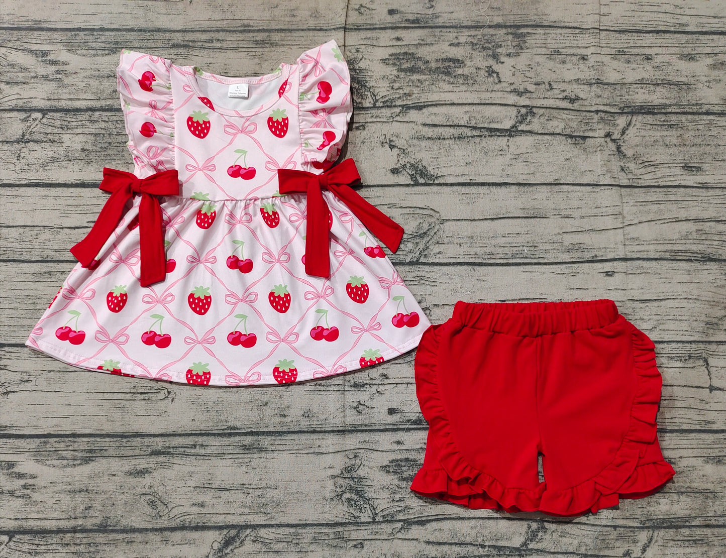 Baby Girl Strawberry Bows Tunic Ruffle Red Shorts Clothes Set