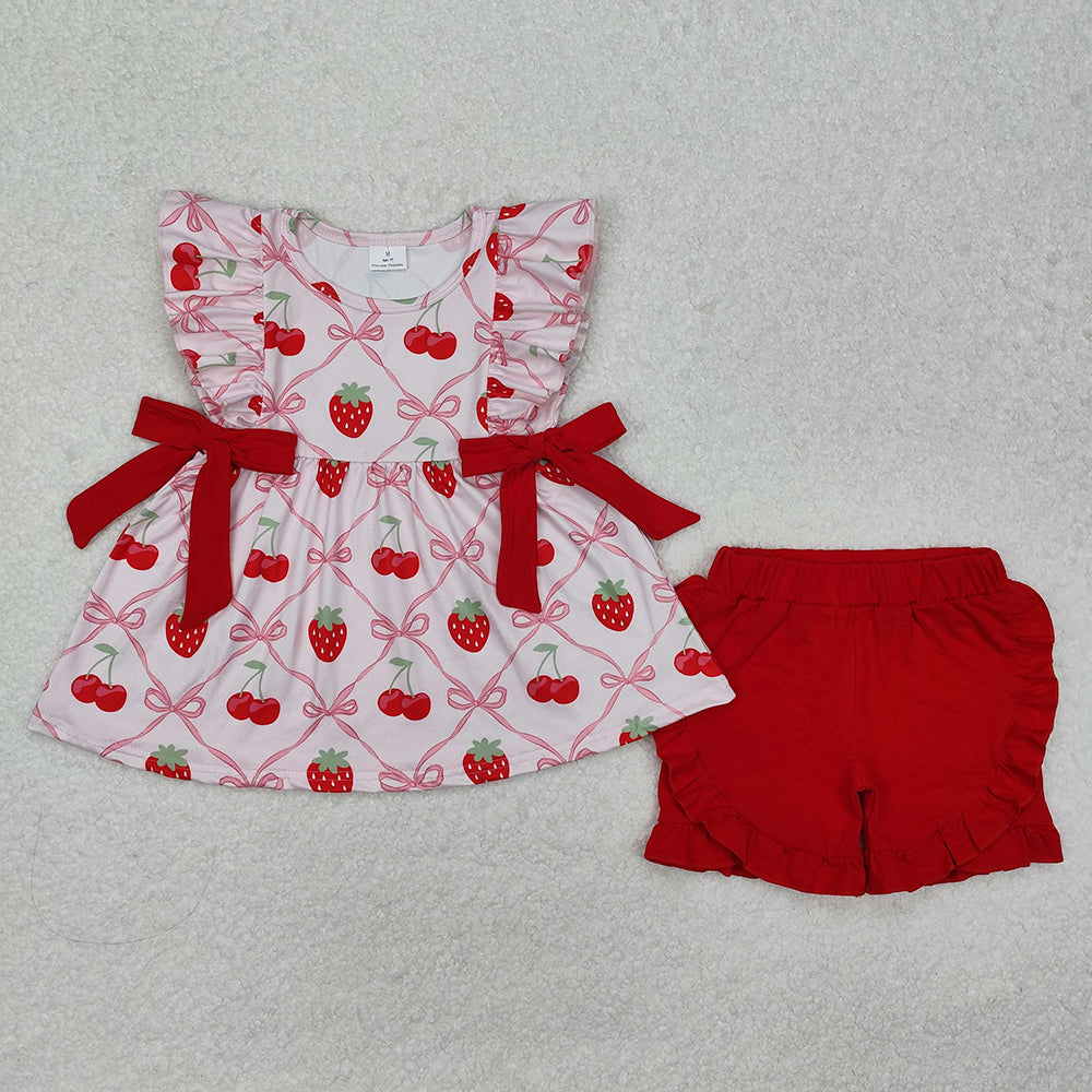 Baby Girl Shorts Sleeves Strawberry Bows Sibling Romper Clothes Set RTS