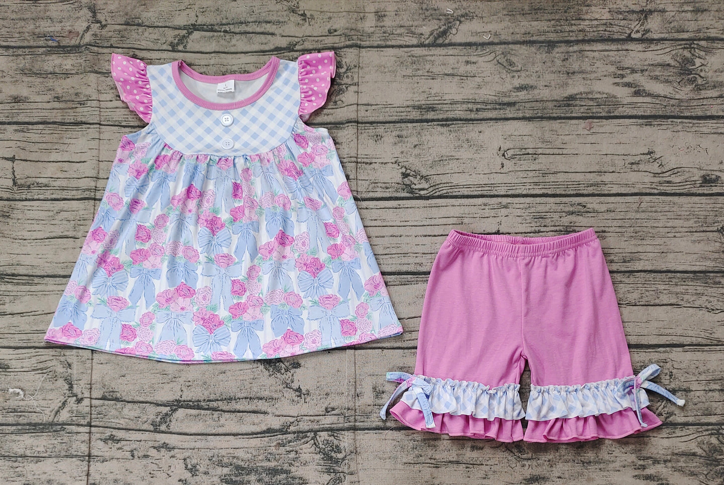 Baby Girl Short Sleeves Plaid Flower Bows Tunic Ruffle Shorts Clothes Set RTS
