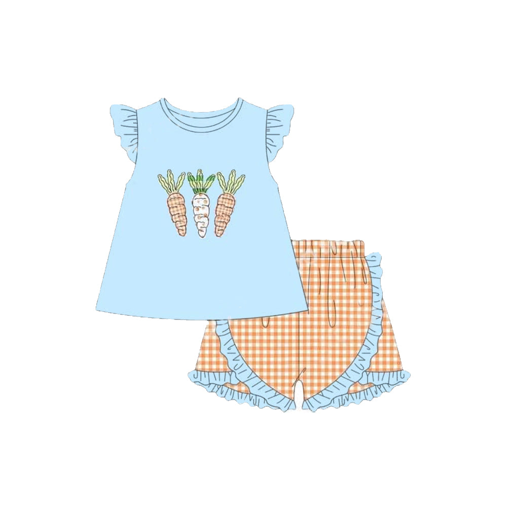 Preorder Baby Girl Short Sleeves Carrots Easter Tunic Ruffle Plaid Shorts Clothes Set