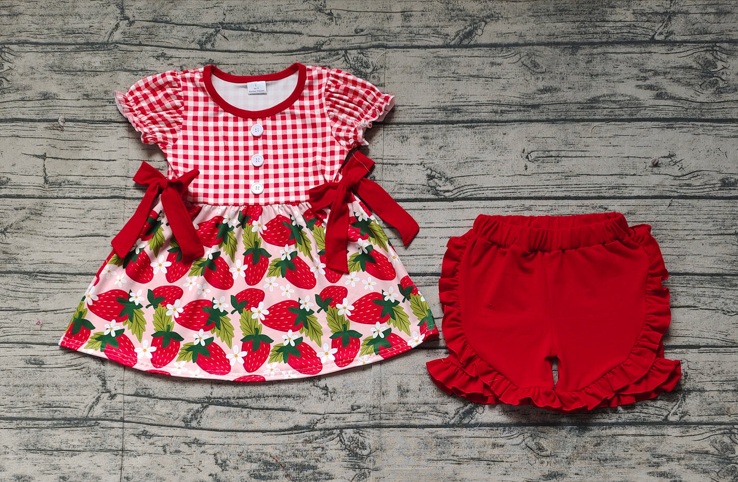 Baby Girl Short Sleeves Plaid Strawberry Bows Tunic Red Ruffle Shorts Clothes Set RTS