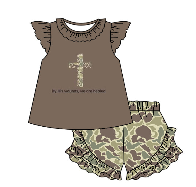 Preorder Baby Girl Short Sleeves Easter Cross Tunic Camo Shorts Clothes Set