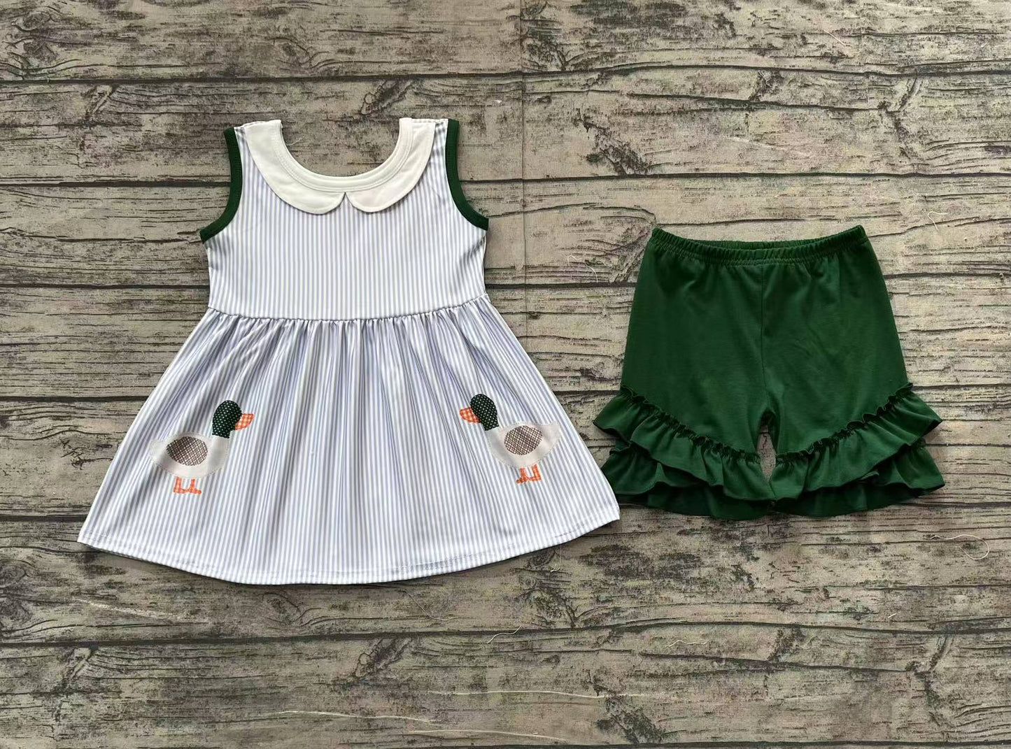 Baby Girl Sleeveless Stripes Ducks Tunic Green Ruffle Shorts Clothes Set