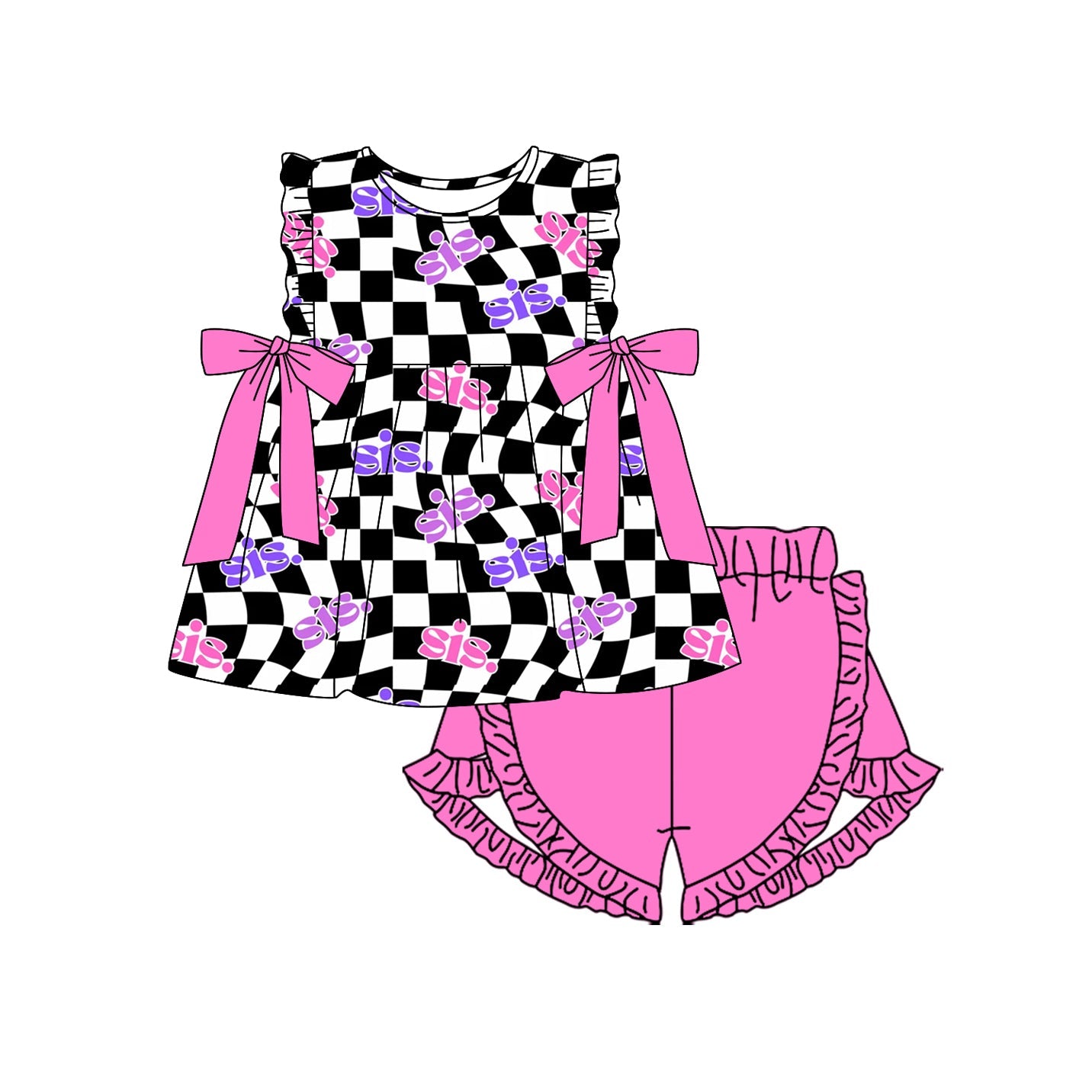 Preorder Baby Girl Sleeveless Checkered Sister Bows Tunic Pink Shorts Clothes Set