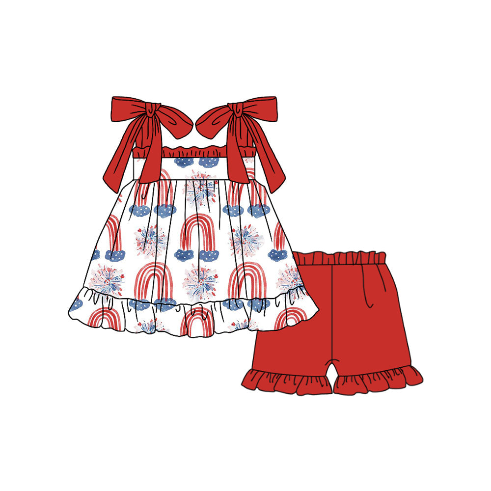 Preorder Baby Girl July 4th Rainbow Fireworks Straps Tunic Ruffle Shorts Clothes Set
