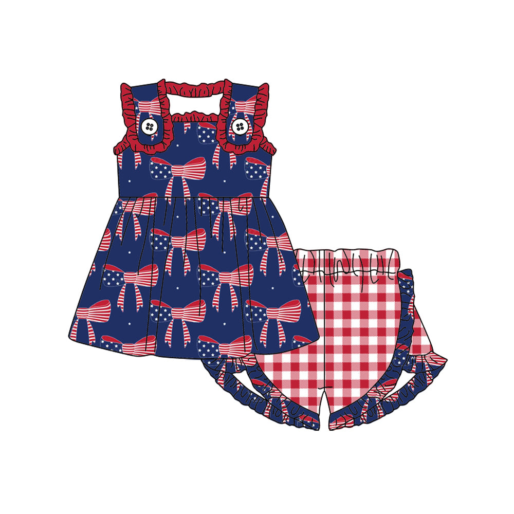 Preorder Baby Girl July 4th Flag Bows Straps Tunic Plaid Shorts Clothes Set