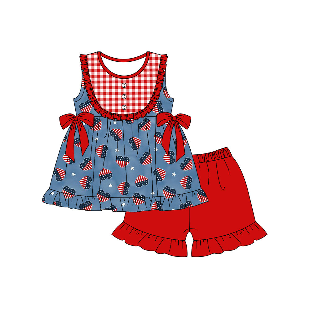 Preorder Baby Girl July 4th Flag Hearts Bows Tunic Red Shorts Clothes Set