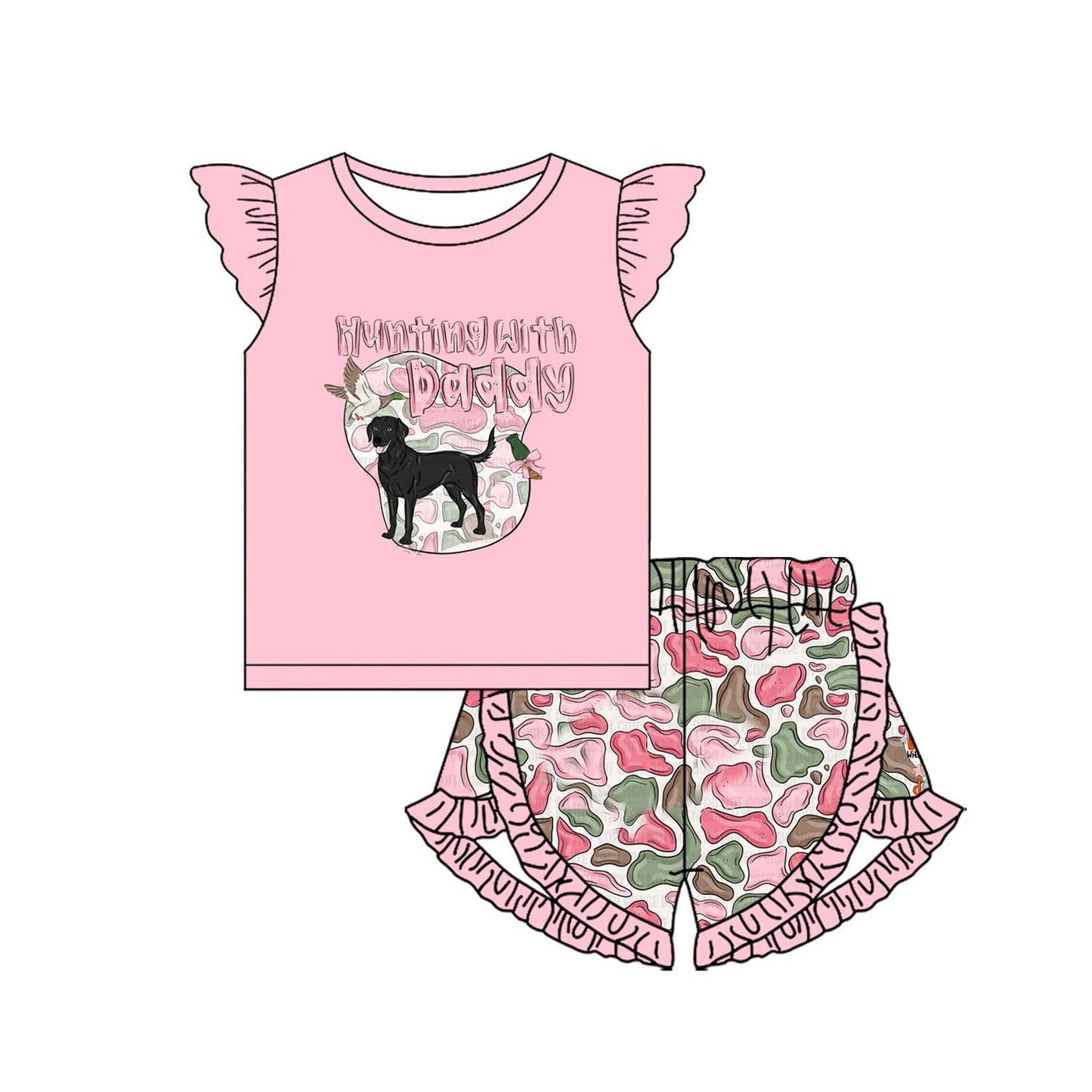 Preorder Baby Girl Short Sleeves Hunting With Daddy Dog Duck Shirt Camo Shorts Clothes Set