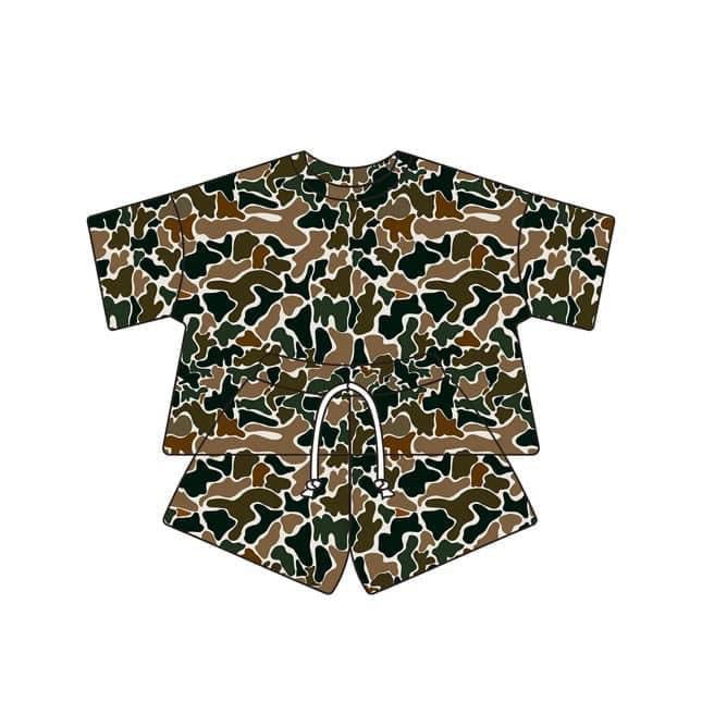 Preorder Adult Women Short Sleeves Brown Camo Shirt Shorts Pajamas Set
