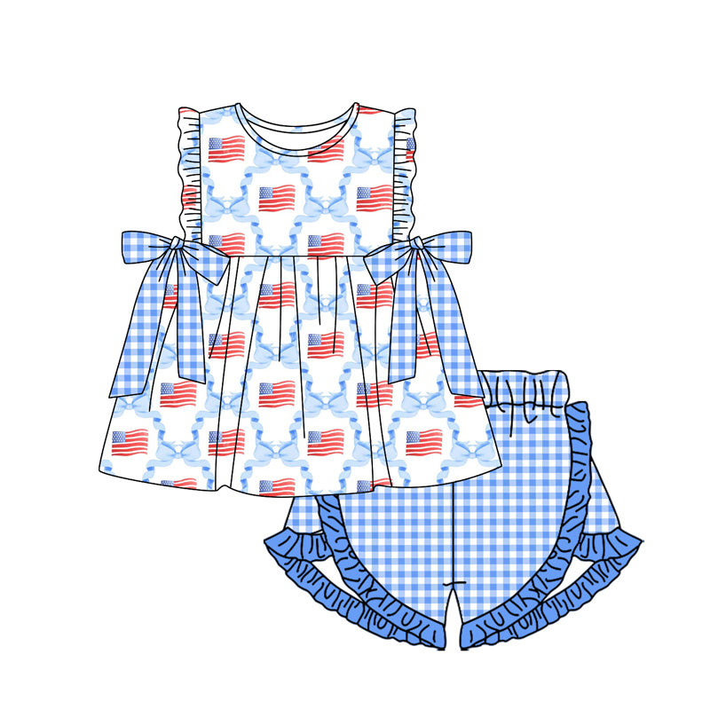 Baby Girl Blue Bows Flag Tunic Blue Plaid Ruffle Shorts Clothes Set RTS