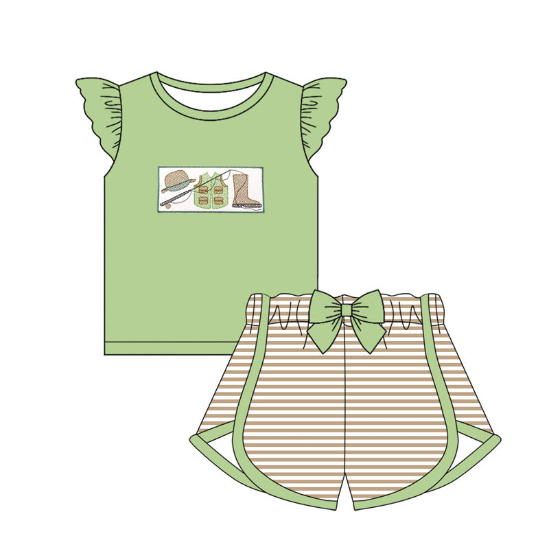 Preorder Baby Girl Short Sleeves Boots Fishing Shirt Stripes Shorts Clothes Set