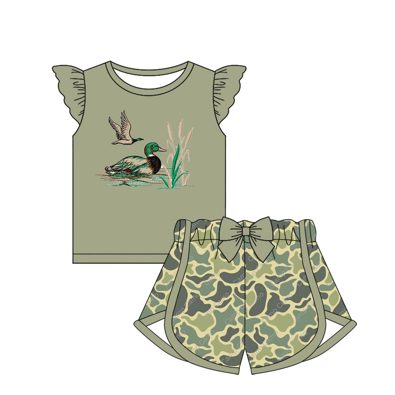 Preorder Baby Girl Green Short Sleeves Duck Shirt Camo Shorts Clothes Hunting Set