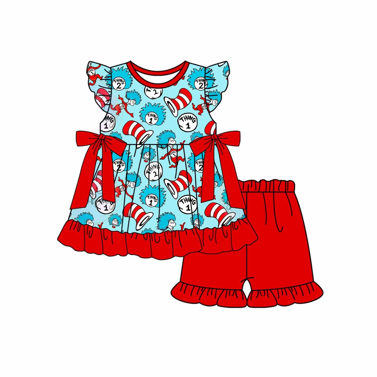 Preorder Baby Girl Short Sleeves Dr Reading Tunic Red Ruffle Shorts Clothes Set
