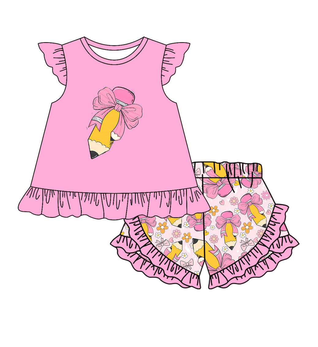 Preorder Baby Girl Short Sleeves Back To School Pencil Bow Tops Ruffle Shorts Clothes Set
