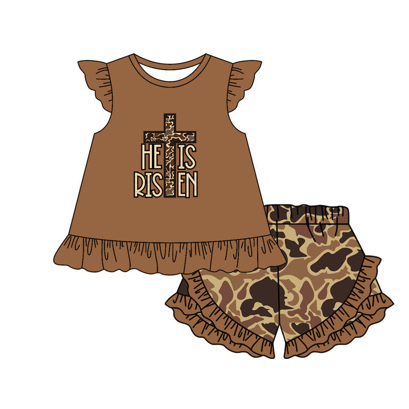Preorder Baby Girl Kids Short Sleeves He Is Risen Cross Camo Tunic Ruffle Shorts Clothes Summer Set