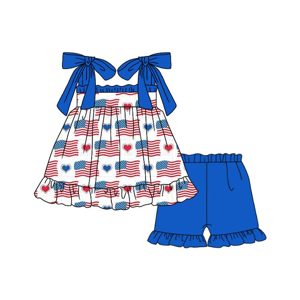 Preorder Baby Girl Straps July 4th Flags Tunic Ruffle Blue Shorts Clothes Set