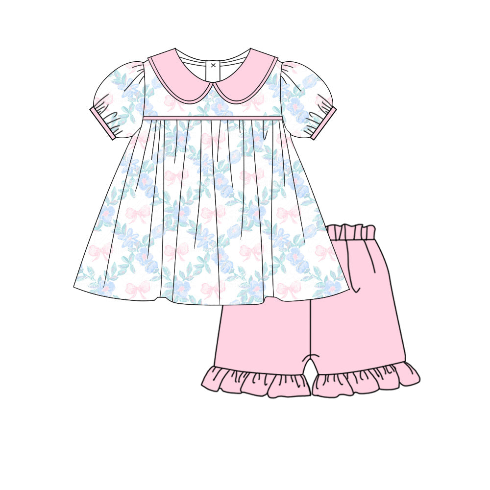 Preorder Baby Girl Short Sleeves Flower Bows Tunic Pink Shorts Clothes Set