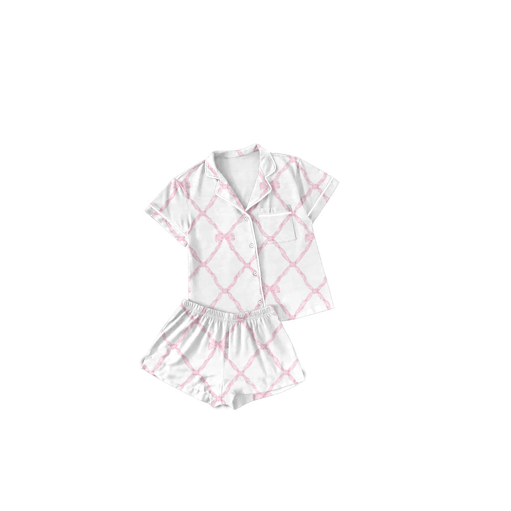Preorder Baby Girl Short Sleeves Pink Bows Buttons Shirt Shorts Pajamas Set