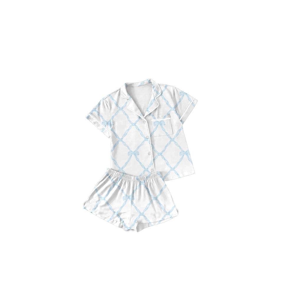 Preorder Baby Girl Short Sleeves Blue Bows Buttons Shirt Shorts Pajamas Clothes Set