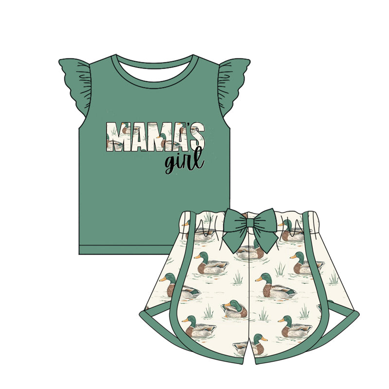 Preorder Baby Kids Green Short Sleeves Mama's Girl Tee Shirt Ducks Bow Shorts Clothes Set