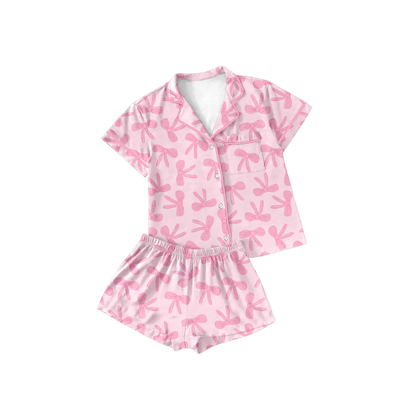 Preorder Baby Girl Short Sleeves Bows Buttons Shirt Shorts Pajamas Clothes Pink Set