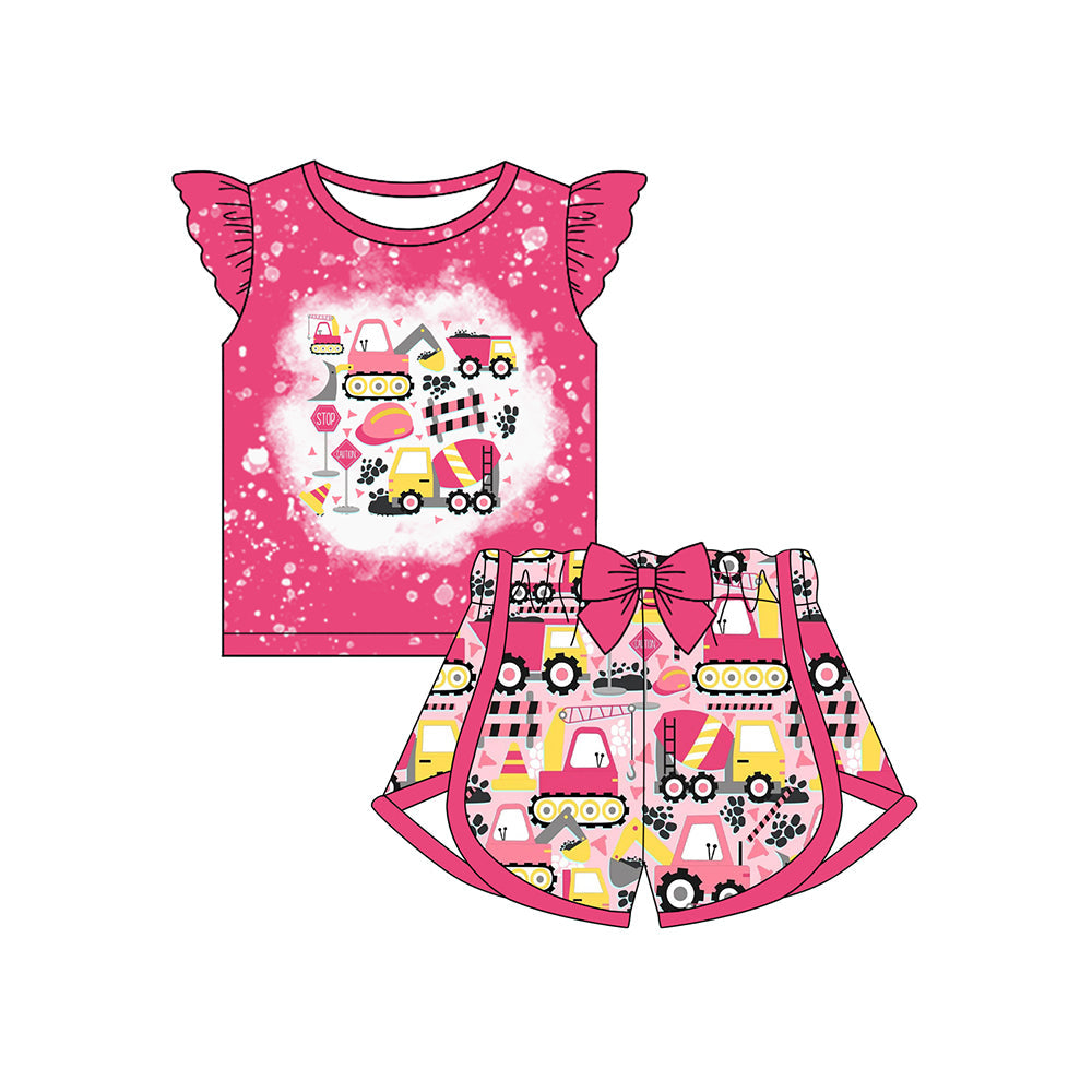 Preorder Baby Girl Short Sleeves Construiction Pink Shirt Bow Shorts Clothes Set