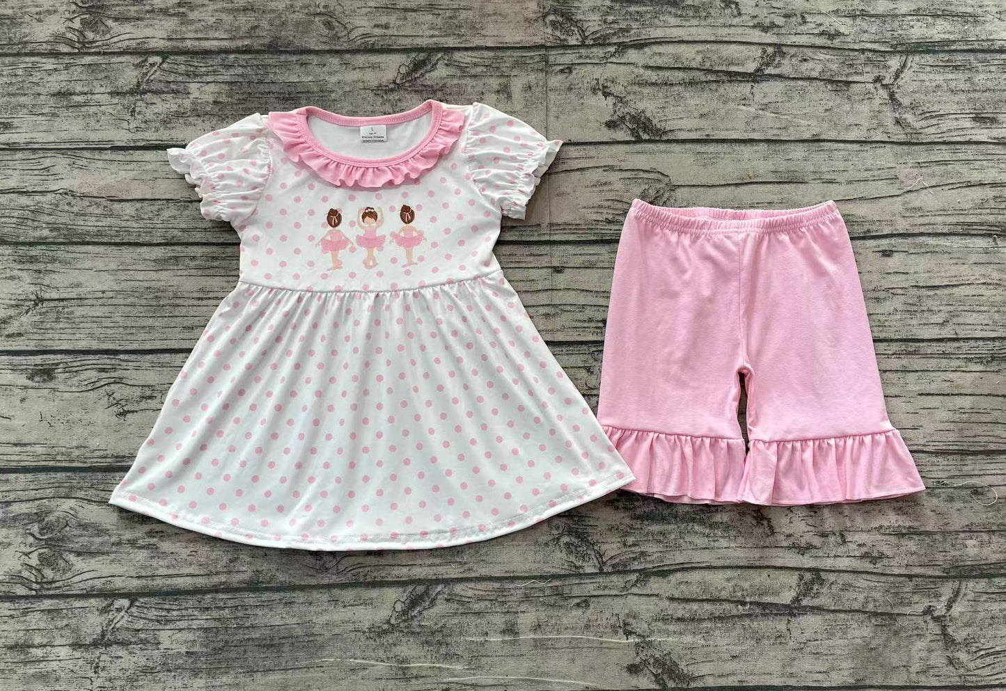 Baby Girl Short Sleeves Dots Dance Tunic Ruffle Pink Shorts Clothes Set